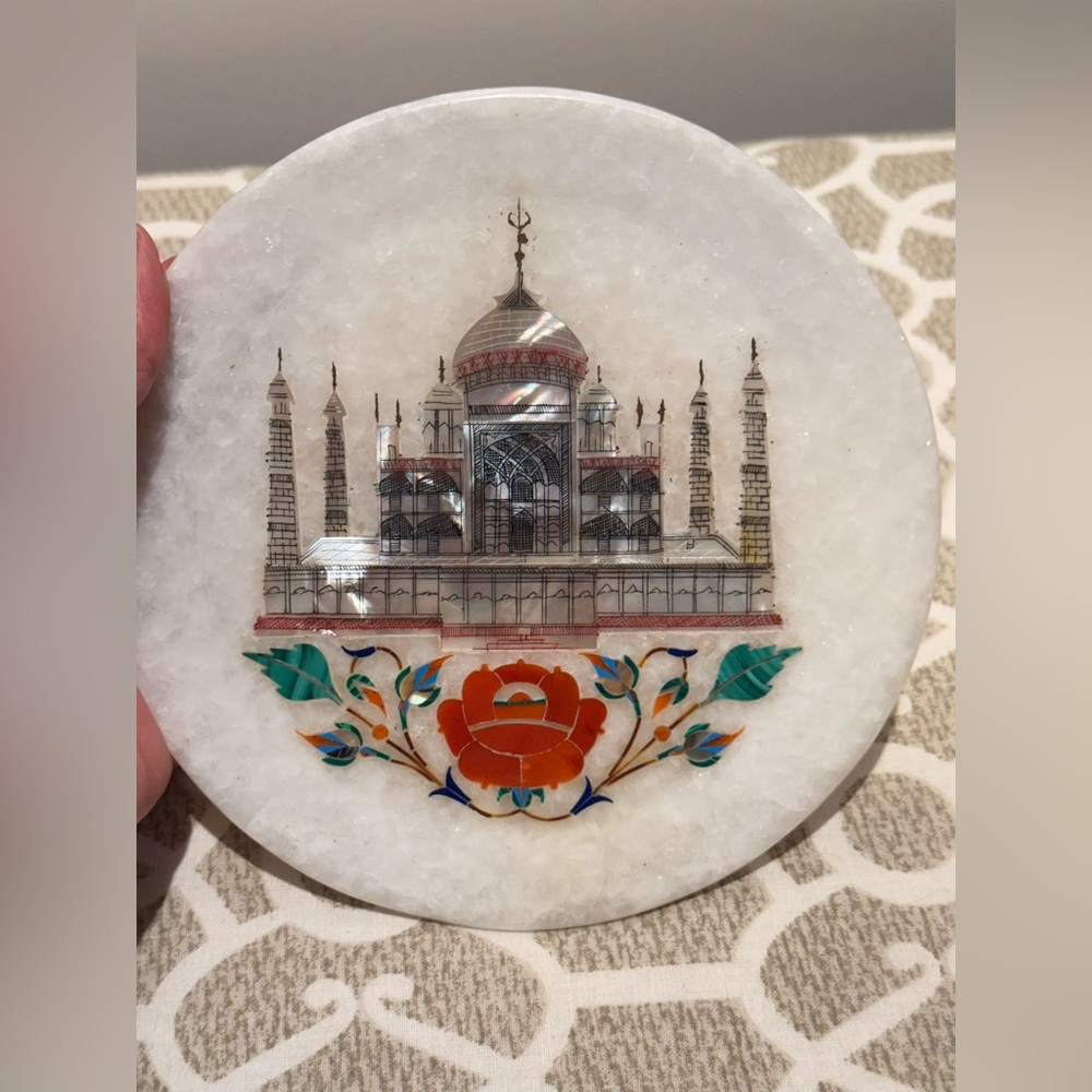 WHITE MARBLE PLATE TAJ MAHAL PALACE Preciousness Stones Inlay decorative